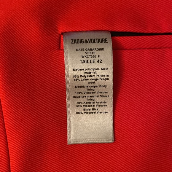 Zadig&Voltair Virgin Wool Stretch Crisp True Red Jacket New With Tags - Picture 11 of 16